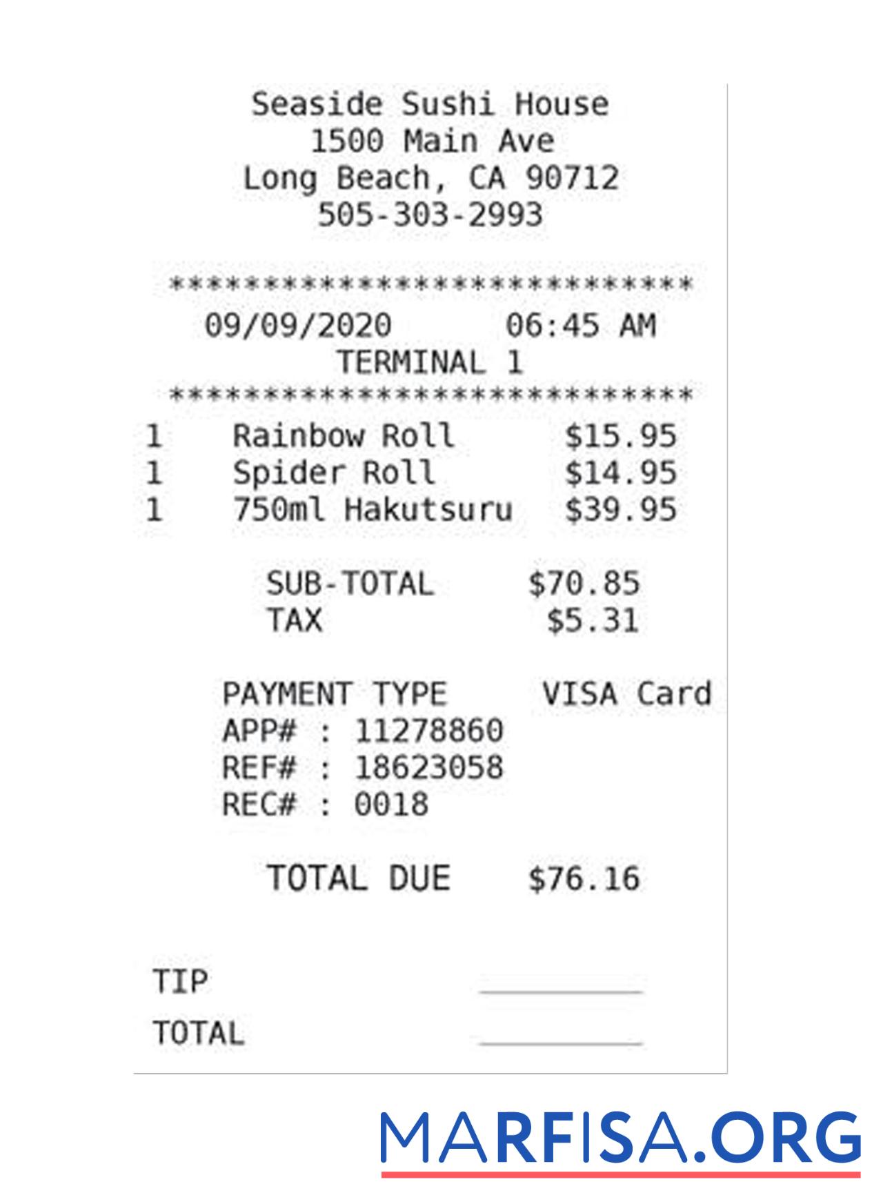 Blank SEASIDE SUSHI HOUSE payment receipt real example
